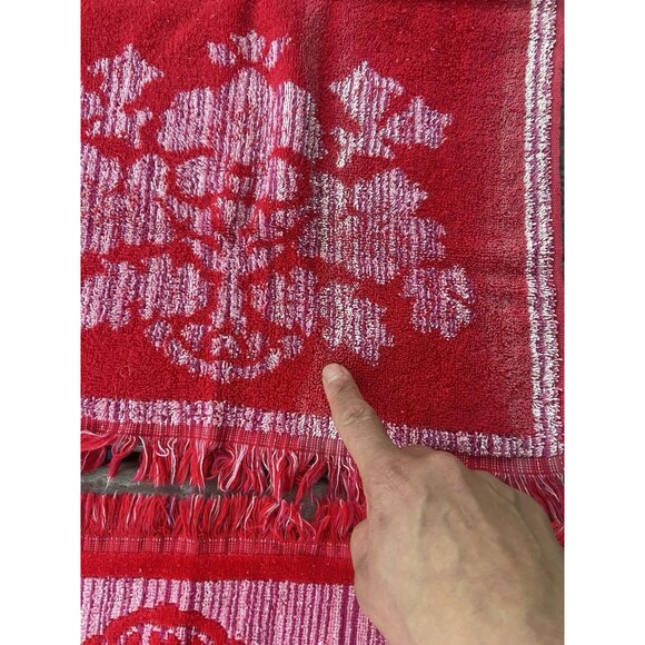 Vintage CANNON Monticello Red Floral Sculpted Fringe Bath & Hand Towel Set MCM - Picture 15 of 16